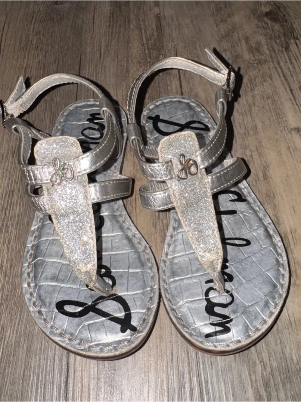 Sam Edelman Girls Silver Glitter T-Strap Sandals